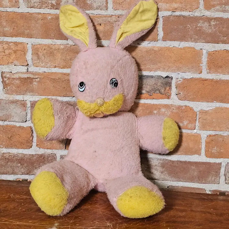 Vintage 1960s Pink Plush Bunny Made in Haiti Yellow Mustache Novelty Easter Toy