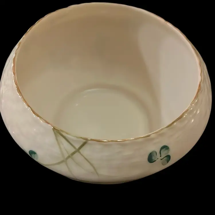 Mid Century Belleek Basket weave And Shamrock Open Sugar Dish