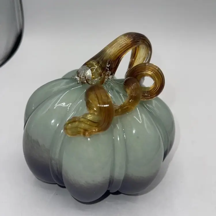 Hand Blown Art Glass 5” Pumpkin Green Purple Swirl Fall