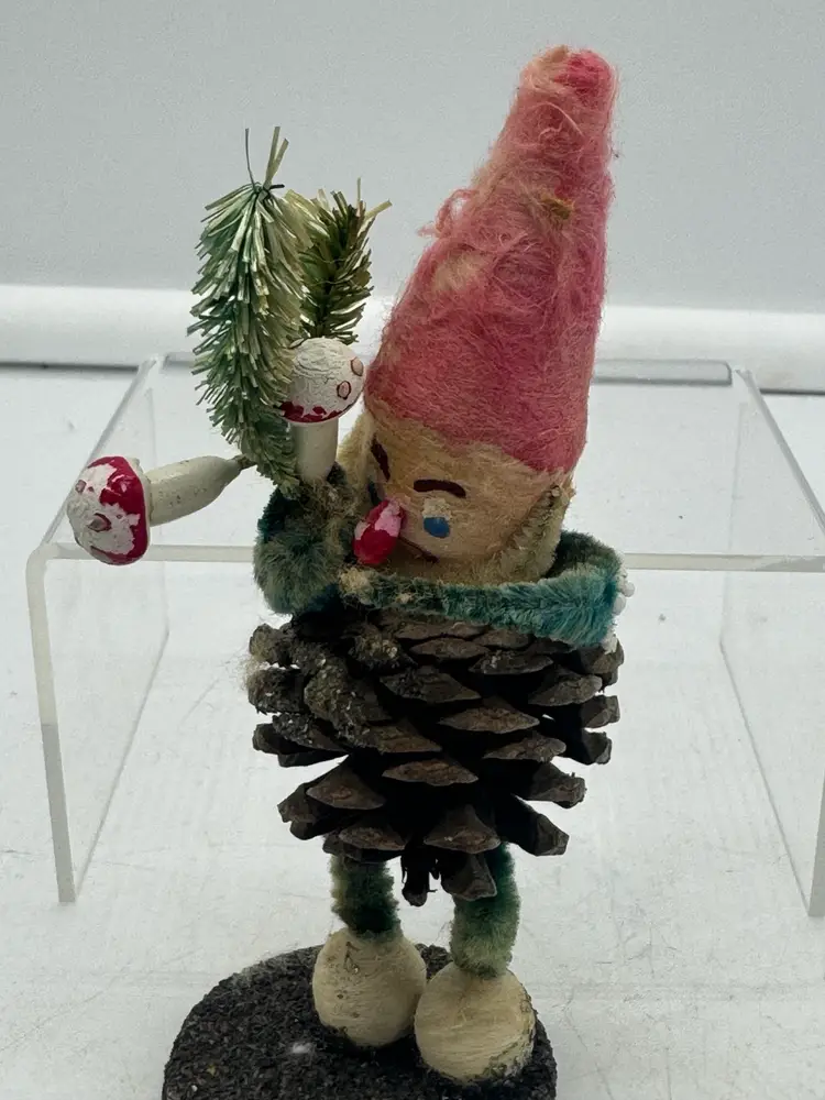 Vintage Pinecone Gnome Elf Holding Mushrooms Christmas Decor Japan
