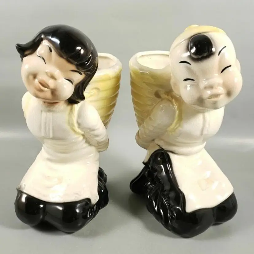 Vintage Royal Copley Asian Oriental Boy Girl Large Basket Ceramic Planters Set