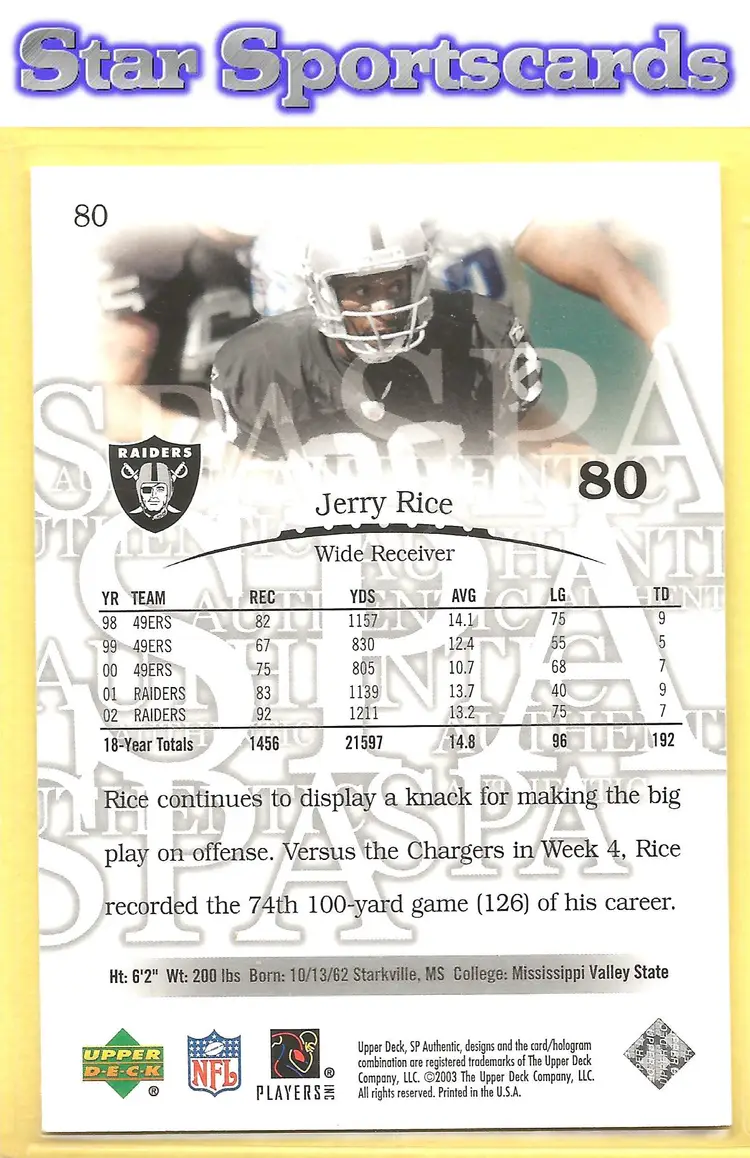 2003 SP Authentic #80 Jerry Rice Oakland Raiders