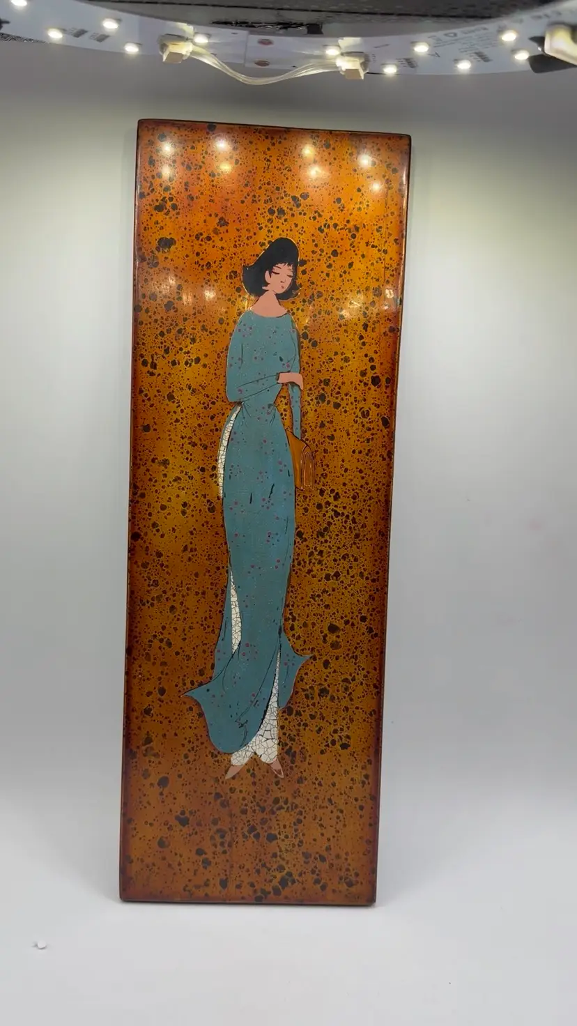 1960’s Asian woman Lacquer wood panels 14” Tall wall hanging decor Vietnam, 3 Pc