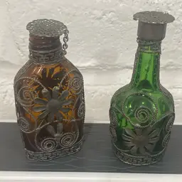 Vintage Lot green glass And Amber metal filigree, twisted wire, daisy, meanders,Greek keys,shabby chic, distressed, perfume, unique, bottle, emerald And Amber