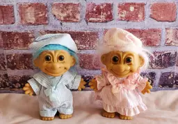 Vintage Pair of Russ Berrie Blue and Pink Boy and Pink Girl 6" Troll Dolls with Striped Pajamas
