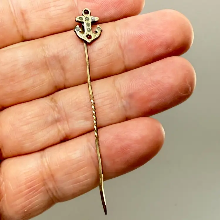 Antique Victorian Gold Filled Stick Pin Late 1800s Anchor Nautical Red White Cab
