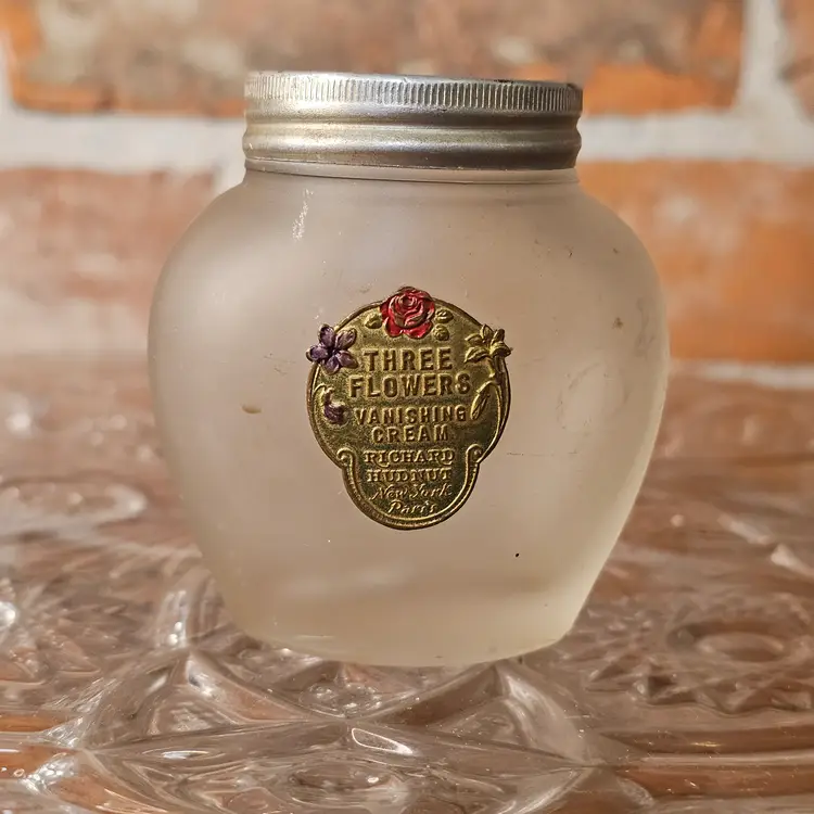 1920's Richard Hudnut Three Flowers Jar Vanishing Cream Frosted Satin Bottle Gold Foil Label Litho Lid