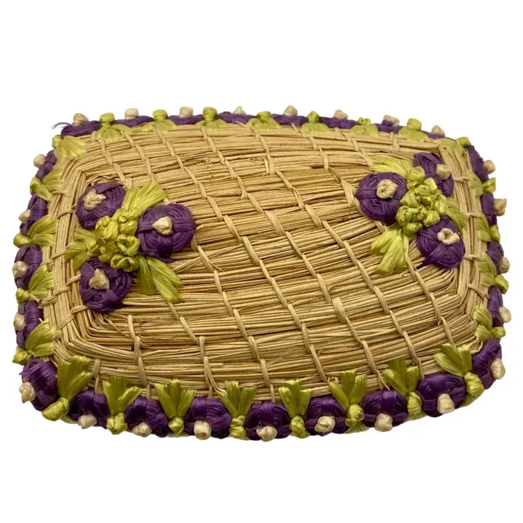 Jamaican Woven Small Square Basket, Hand-decorated With Purple Flowers