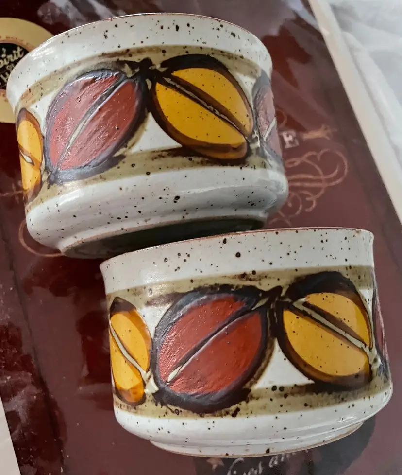 Vintage Stoneware Red & Yellow Mugs (Set of 2)