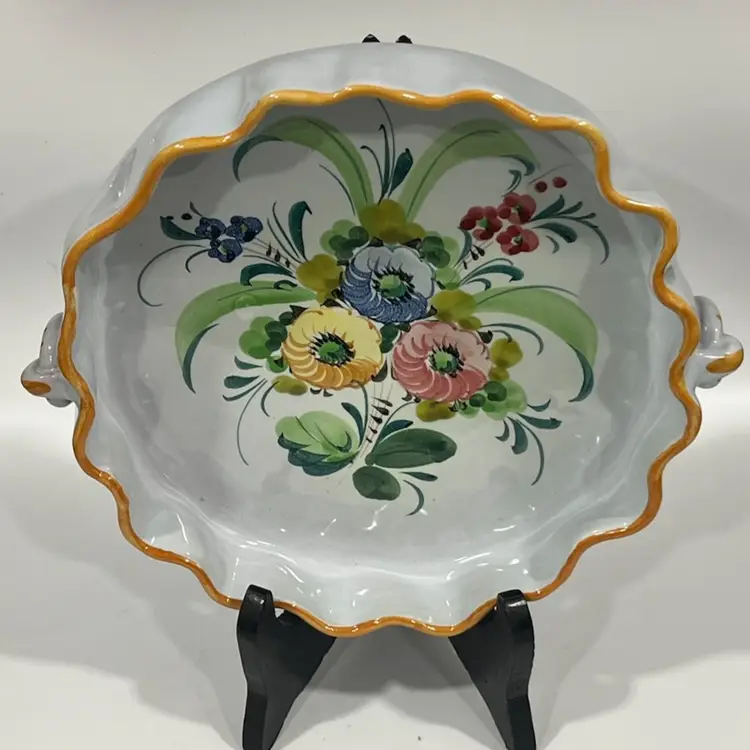 Italian Hand Painted Floral- Vintage Majolica Bowl – Signed “ Italy B.” And Numbered – 8” Scalloped Dish with Handles- Beautiful!