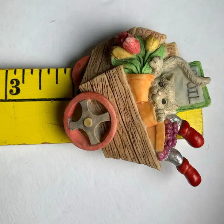 Vtg Papel Freelance Brooch Pin-Cat in a Flower Garden Cart