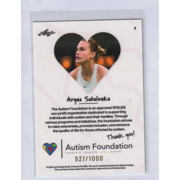 Aryna Sabalenka Leaf Autism Foundation Foil #'d /1000 Tennis Card Ready to PSA/BGS Grade