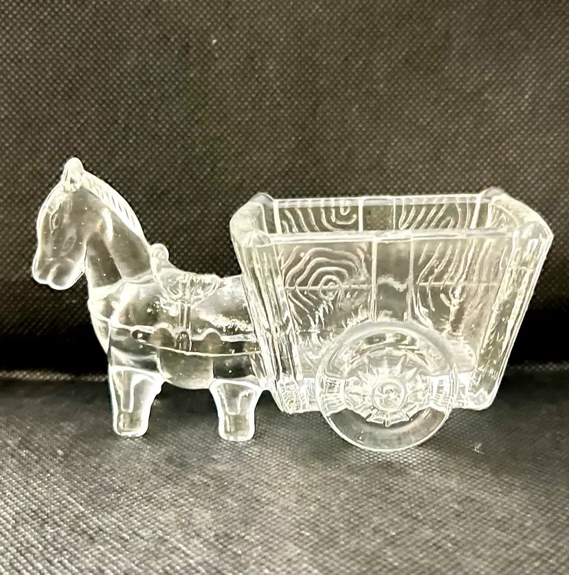 Vintage 1950's Clear Jeannette Glass Horse & Cart Candy Dish 5" Long