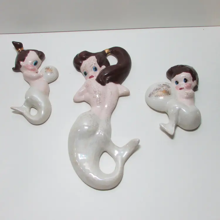 vintage set of ceramic mermaid family with bubbles wall decor damage