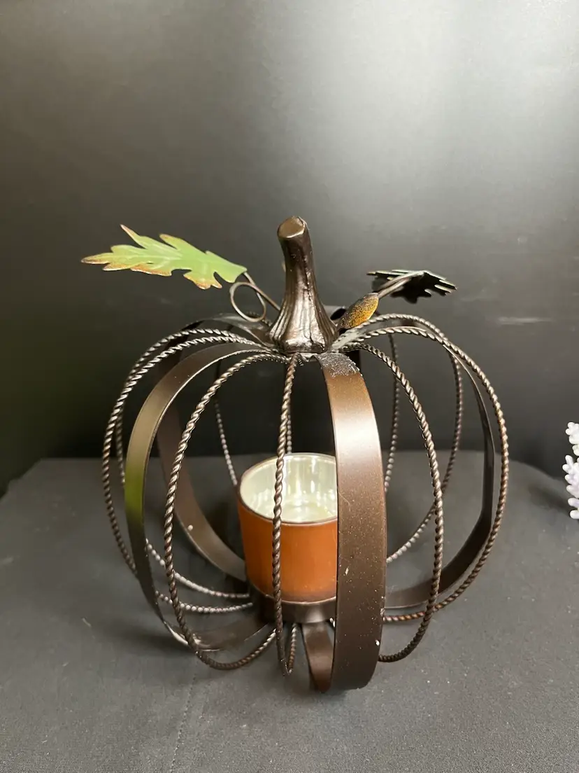 Metal Pumpkin w/ Leaf & Acorn Embellishments Votive Holder