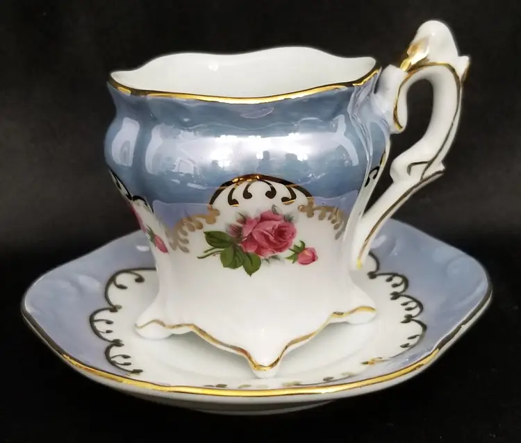 Modern Blue Luster Finish Porcelain Rose Cup & Saucer