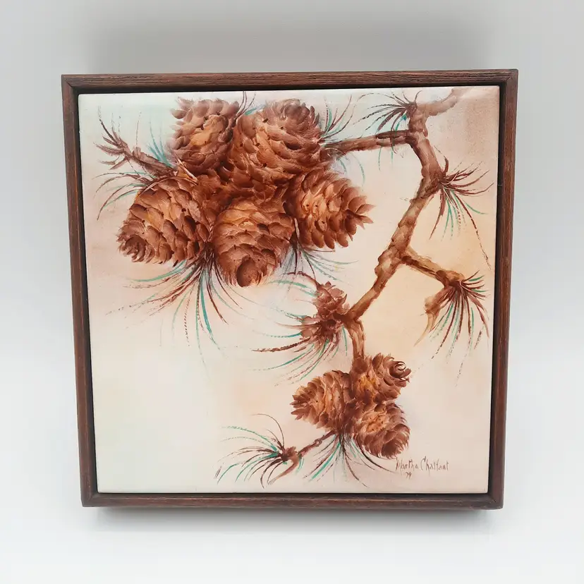 Vintage Handpainted Signed Pinecone Winter Wood Framed Tile