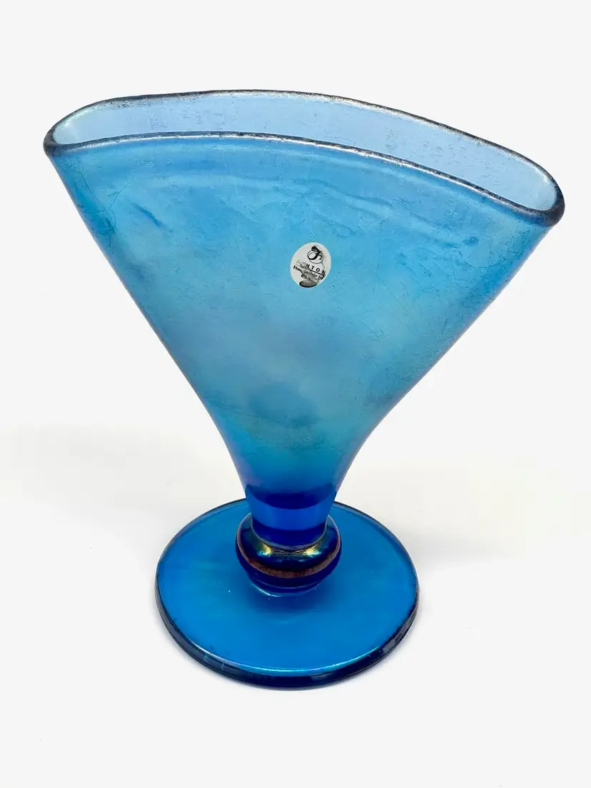 021.  Vintage Fenton Iridescent Sapphire Hyacinth Blue Stretch Glass Fan Vase w Label Ca 1990 Apx 8.5”h 7”w