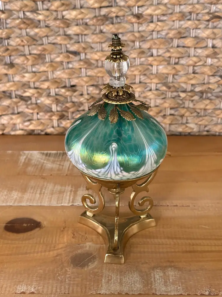 Vintage Iridescent Mt. St. Helen’s Ash Glass? Blown Glass Oil Lamp & Brass Stand