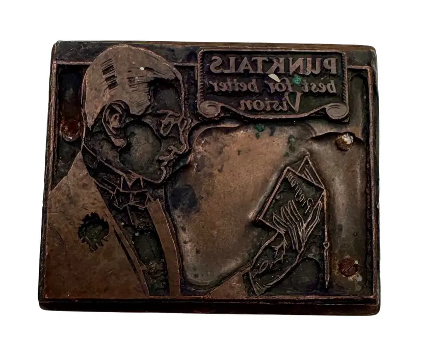 Vintage Letterpress Printing Block Punktal Lenses Eyeglasses Advertisement Man