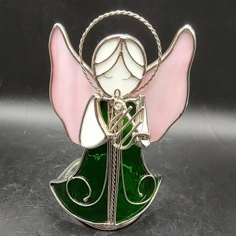 Vtg Stained Glass Singing Angel Tea Light Holder
