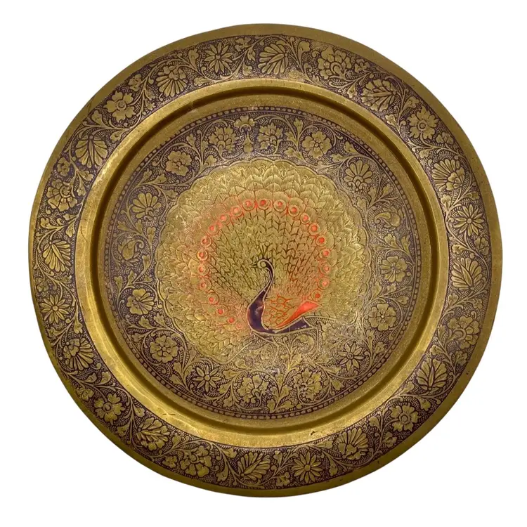 Vintage Etched & Enameled Brass Peacock with florals Plate, Wall Hanging, 9.5"