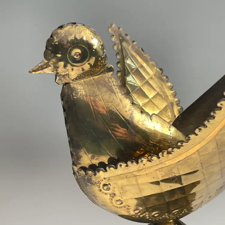 Llamas Mexico Punched Brass Chicken Vintage Midcentury Flower Vase Centerpiece 10x12"