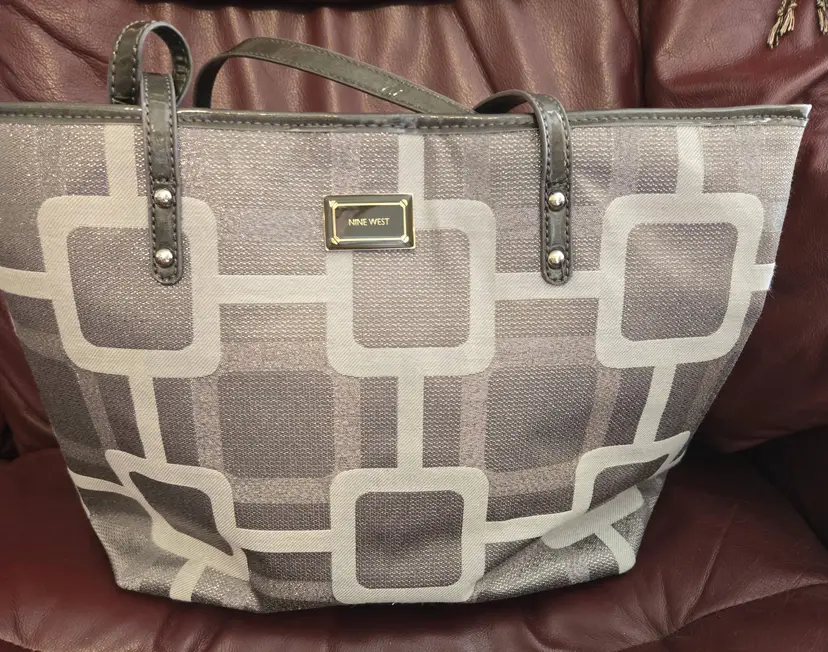 Nine West Gray Plaid Tote Bag - Checkerboard Pattern, Leather Trim, Gold Hardware