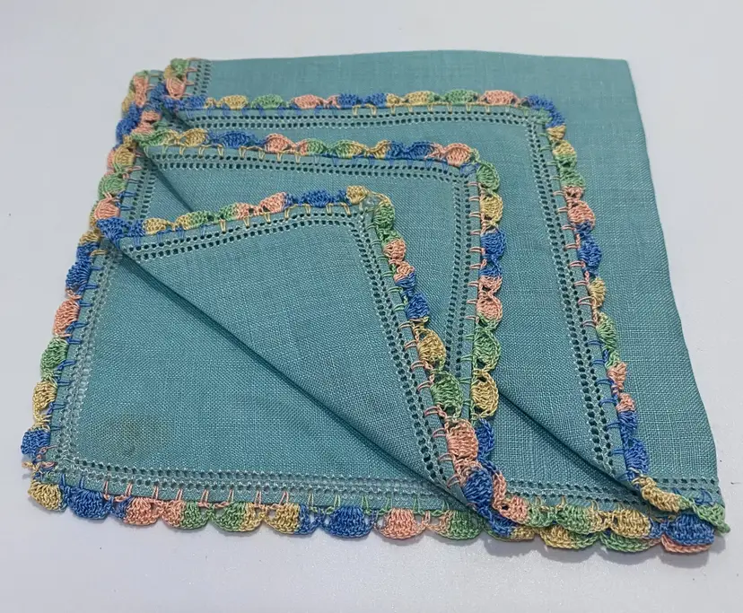 Vintage Multi Color Embroidered Edge Blue Handkerchief 11.50" x 11.50" Pure Linen