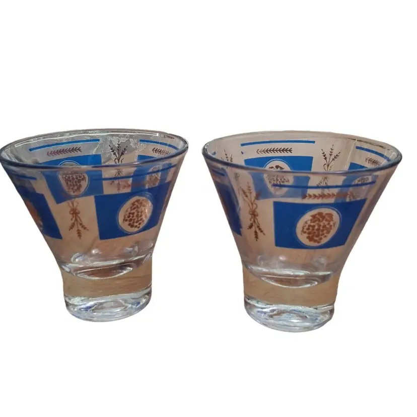Vintage Hazel Atlas Set of 2 MCM Small Glasses With Blue Gold Grapes Wheat Design