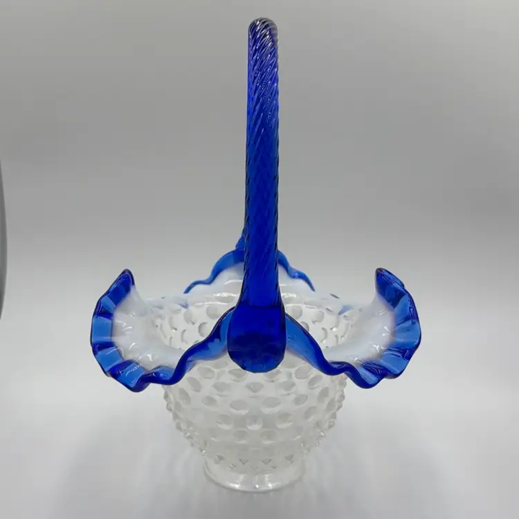 Fenton Sapphire Blue Crest Opalescent Hobnail Ruffle Top Basket