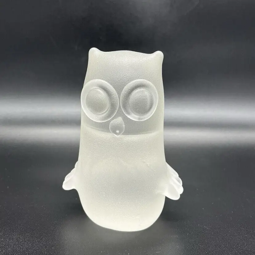 Vintage Frosted Glass Owl Paperweight Figurine Derpy Applied Big Eyes