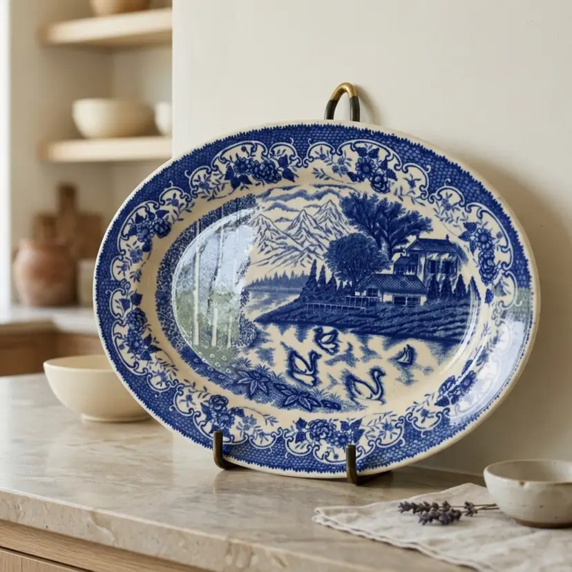 Antique Blue and White Transferware Platter Romantic Landscape Scene