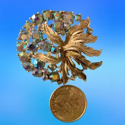 Silver Tone AB Rhinestone Floral Brooch With With Silver Tone Textured Leaves