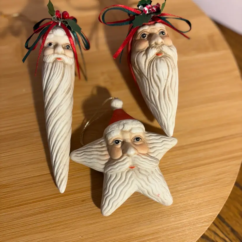 Vintage Christmas Ornaments Rosy Cheek Santas Ceramic Holly Berry Ribbon Holiday