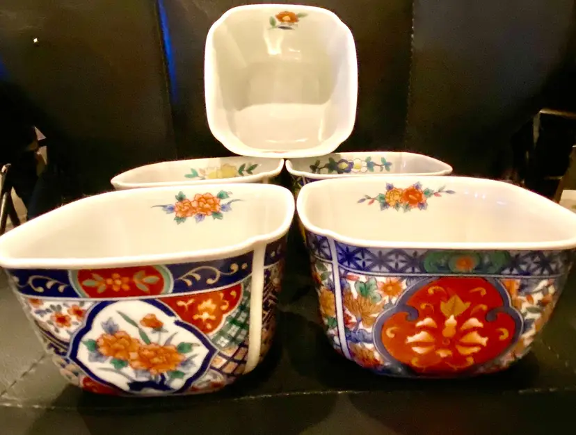 Arita Ware Square Japanese Porcelain Bowls ,Set of 5, Varying Colorful Designs
