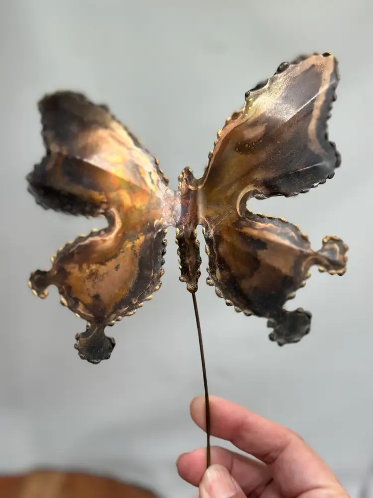 Vintage Brutalist Metal Butterfly On Raw Edge Stone Base Artist Yosi Signed, 1970’s