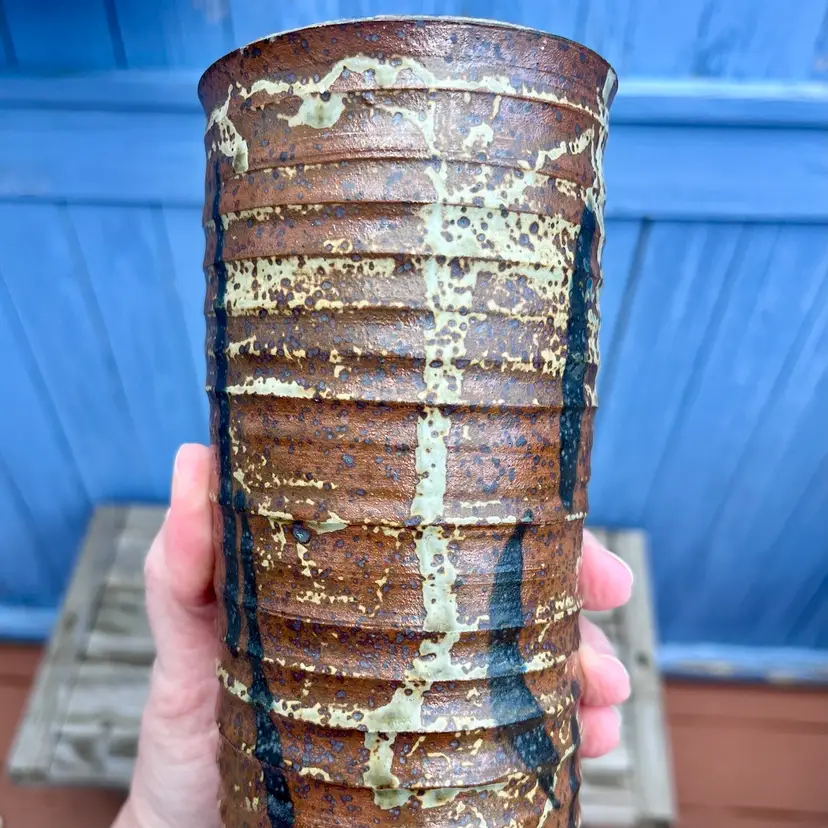 Studio Art Signed Pottery Vase 9" Asian Design Brown Black Metallic Medium Gloss