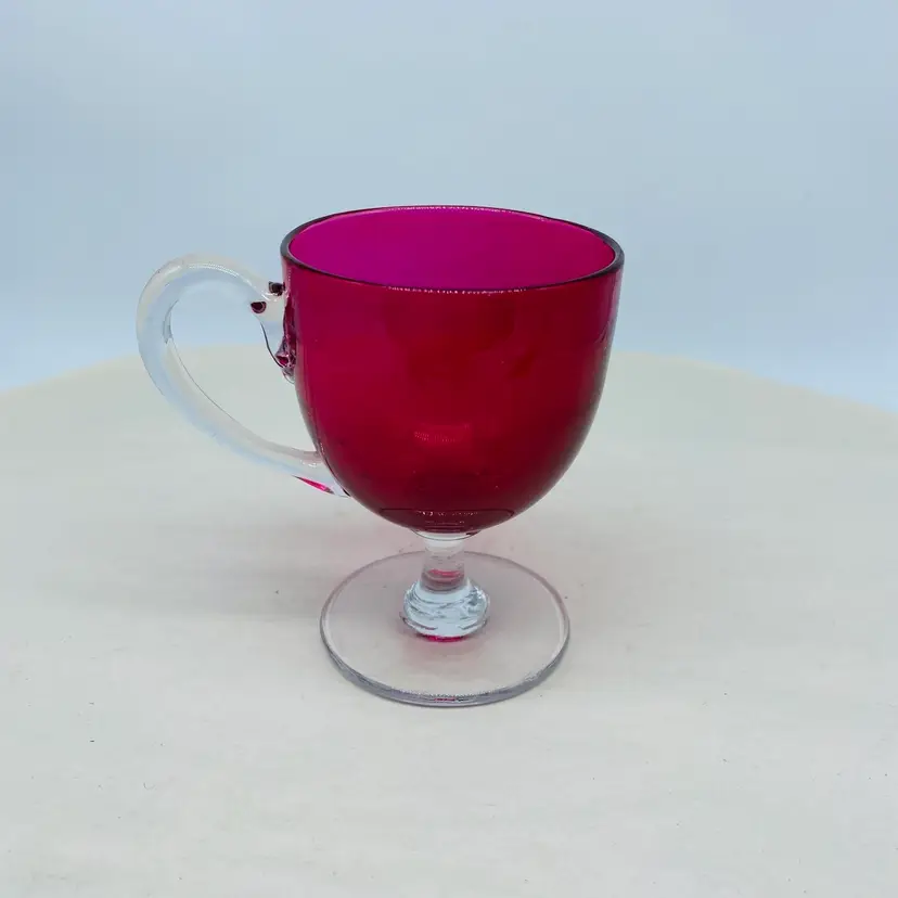 #0414 Cranberry Glass Handled Drinking Vessel Small Custard Cup