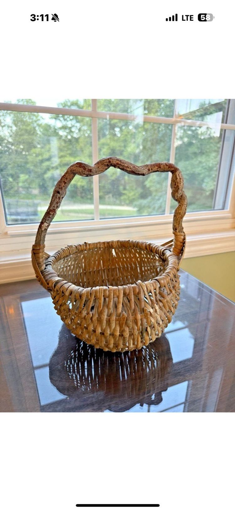 Vintage woven Gathering Basket; Raw twisted wood/Vine Handle
