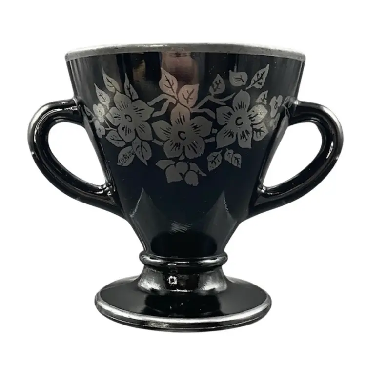 Hazel Atlas Ovide Black Glass Sterling Silver Overlay Cream Sugar Set VTG Set