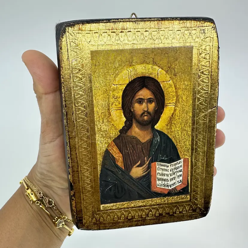 Jesus Christ Pantokrator Greek Art on Wood Wall Hanging