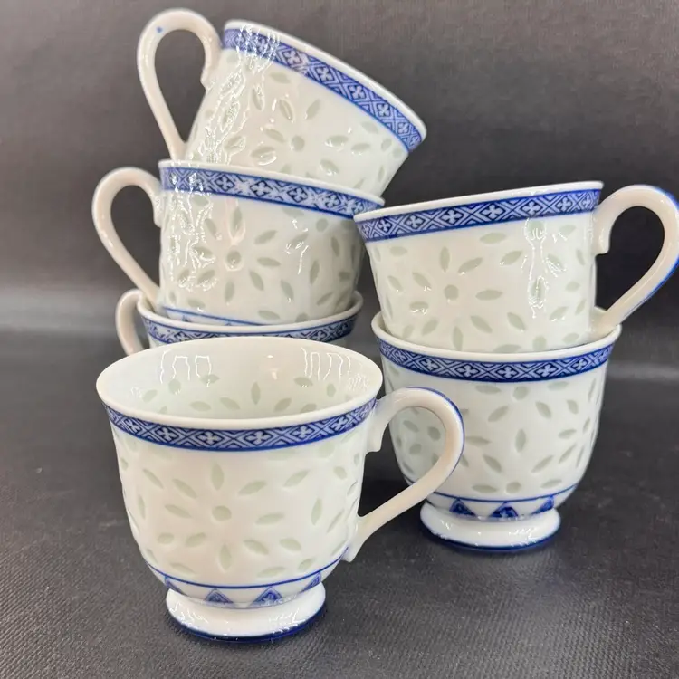 Set of 6 Vintage Chinese Tea Cups Rice Grain Rice Eye Pattern Blue & White