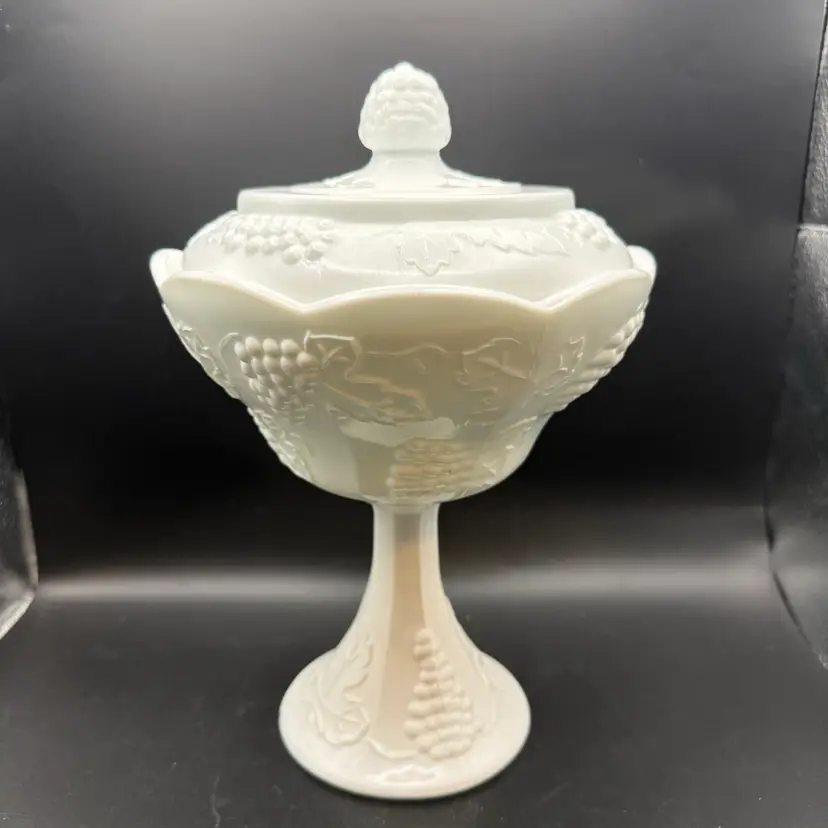 Vintage Colony Grape Harvest Glass Milk Glass Covered Compote