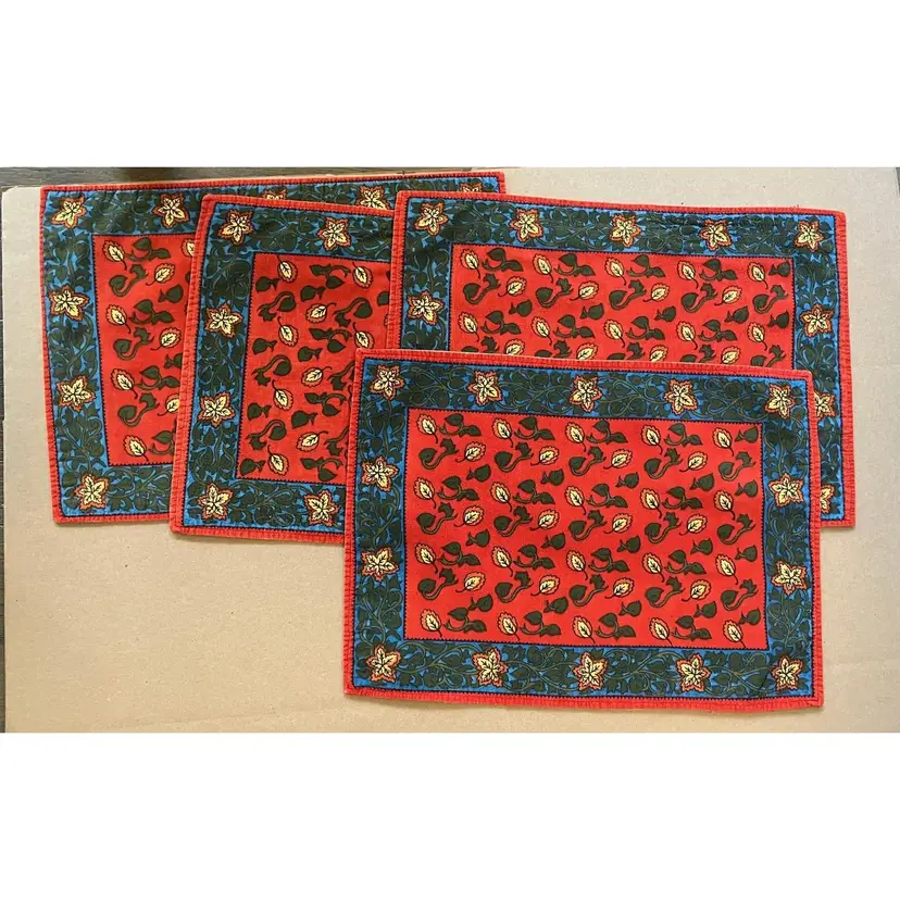 4 Cotton Red, Blue and Yellow Autumnal Leaf Patterned Placemats