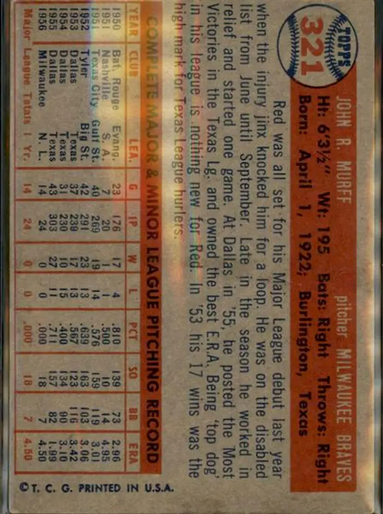 1957 Topps #321 Red Murff - ( pk1 ) - Milwaukee Braves