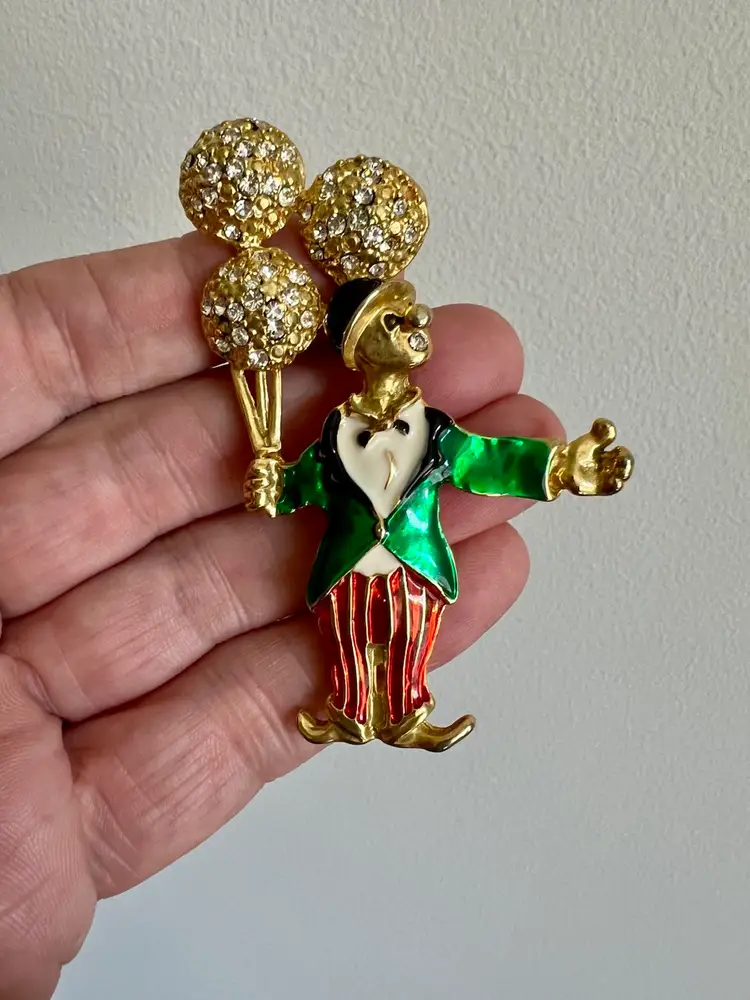 Vintage Multi Colored Brooch Pin Clown Balloons Clear Rhinestones #A-9