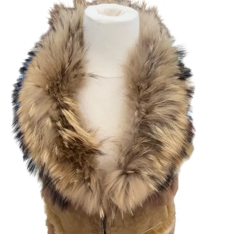 Vintage Cache Suede Leather Fur collar Patchwork Vest -brown tan size 0