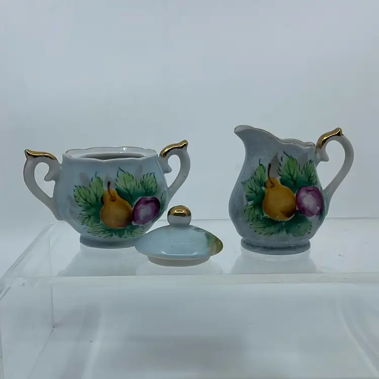 Vintage Miniature Ceramic Covered Sugar Bowl And Creamer Set CONSCO Marilyn-Exclusive JAPAN Hand Painted Fruit Gold Accent