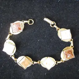 Vintage Gold Tone Metal 7" Bracelet with Square Baked White & Brown Enamel Sections - Fold Over Clasp